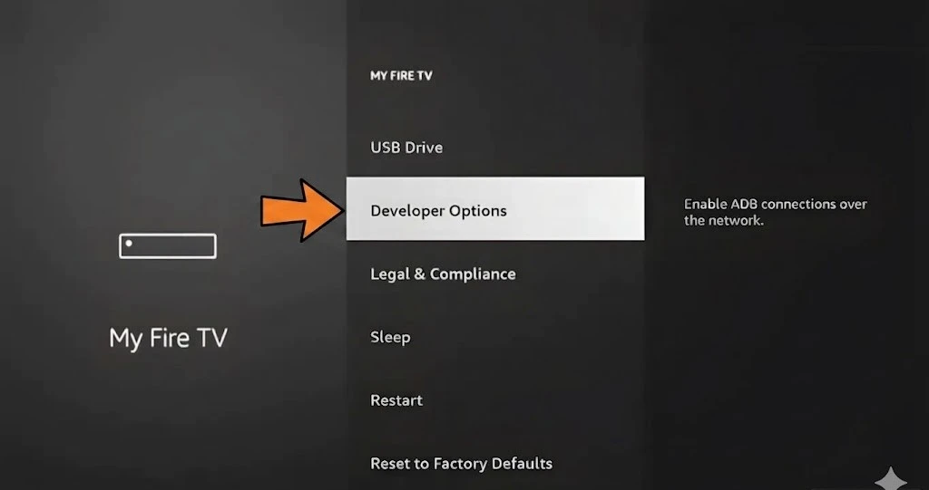 IPTV on Firestick — Developer Options menu